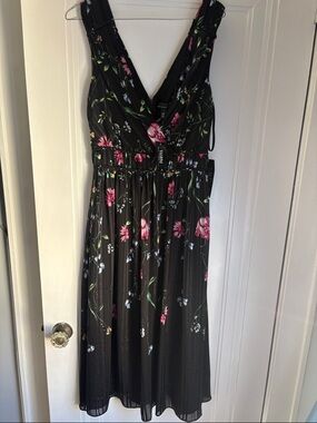 WHBM Black Floral Plunging V-Neck Midi Dress